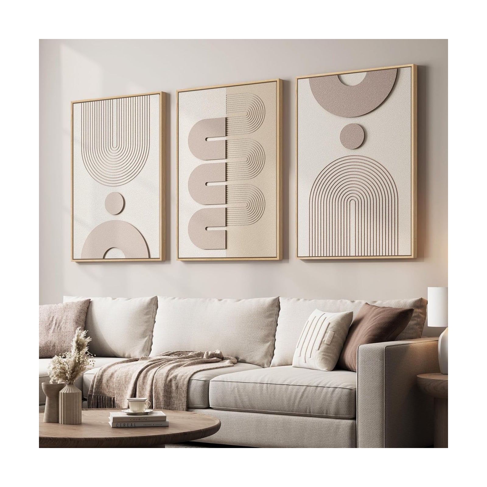 3D Large Framed Boho Neutral Abstract Wall Art for Living Room, 3 Piece