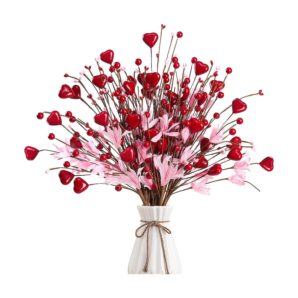 Valentine’s Day Gifts 12 Pcs Heart Shaped Berry Picks Artificial Red Heart Berry Twigs Forsythia Stem Branches with Pink Flowers for Valentine’s Day Anniversary Flower Bouquets Wedding Home Decor