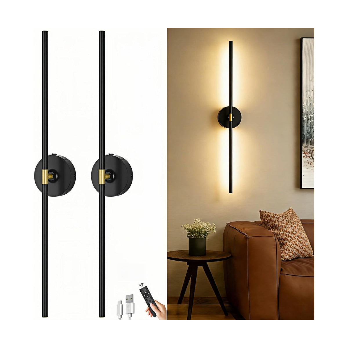 Battery Operated Wall Sconce Set of 2: 10000mAh Wireless Sconces Rechargeable Wall Lights with Touch and Remote, 360°