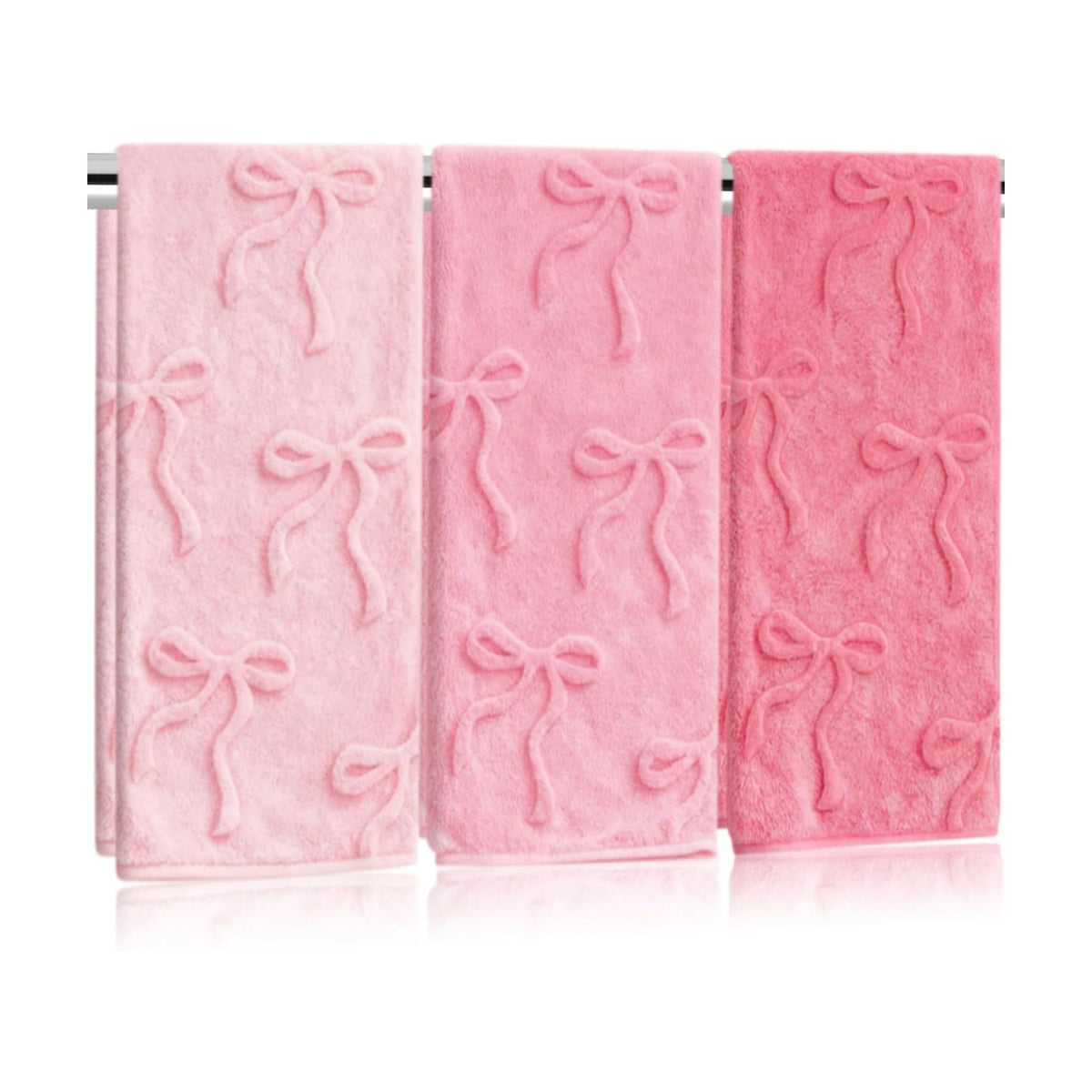 Whaline 3Pcs Pink Bow Hand Towel 3D Jacquard Cotton Towel Absorbent Coquette Dish Towels for Valentine's Day Home Kitchen Bathroom, 13.8 x 29.5 Inch