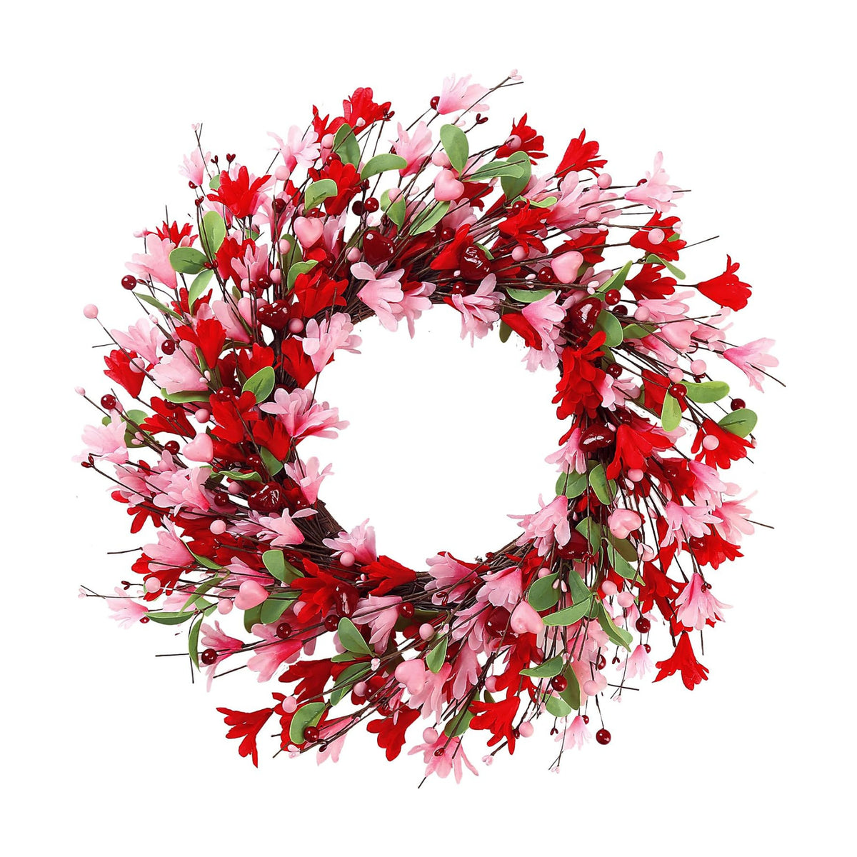 Sggvecsy 20in Valentine's Day Wreath Artificial Pink Red Forsythia Spring Summer Fake Silk Wreath with Heart Berries Green Leaves for Gifts Festival Front Door Window Wall Farmhouse Decor