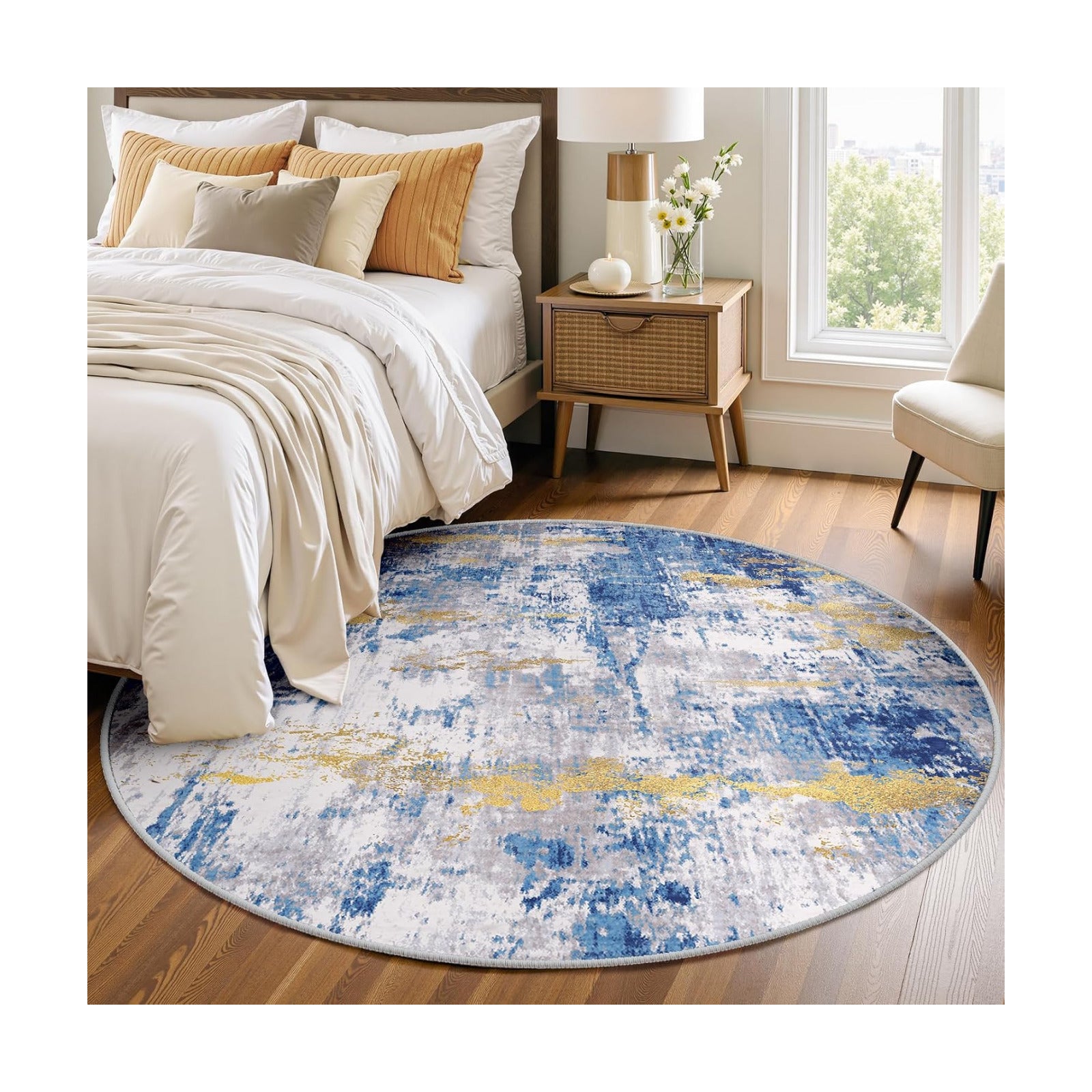 RELEANY Washable Round 4ft Area Rug for Living Room Blue Gold