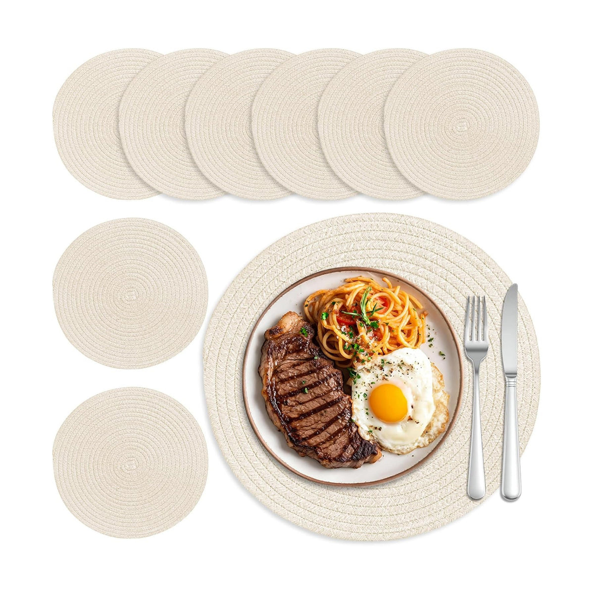 Round Woven Placemats Set of 8 Heat Resistant Placemats 13.5 Inches Farmhouse Cotton Rope Place Mats for Dining Tables
