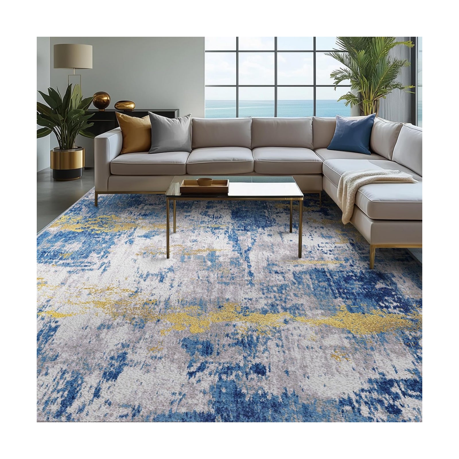 RELEANY Washable 10'x12' Abstract Area Rug for Living Room Blue Gold