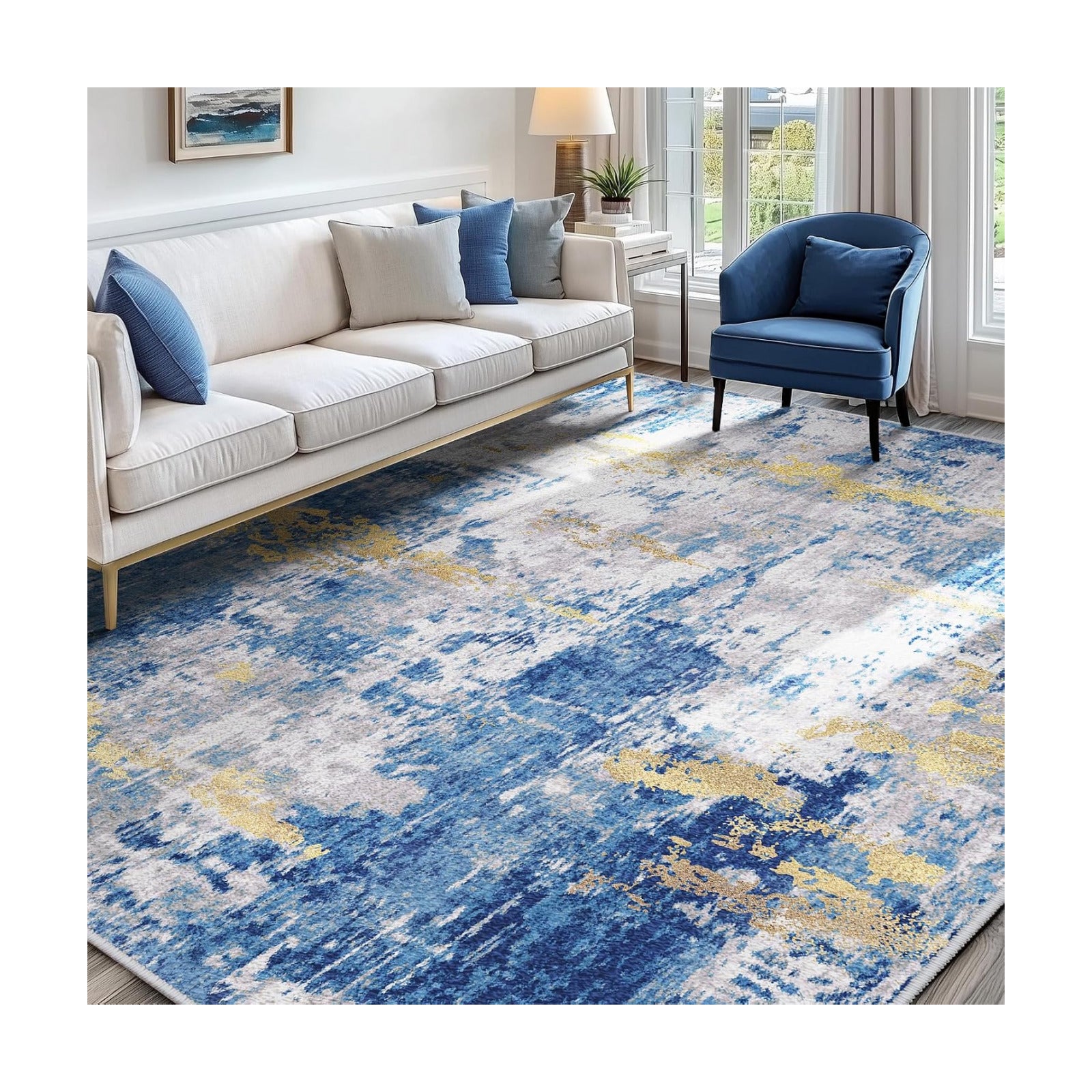 RELEANY Washable 7'x9' Abstract Area Rug for Living Room Blue Gold