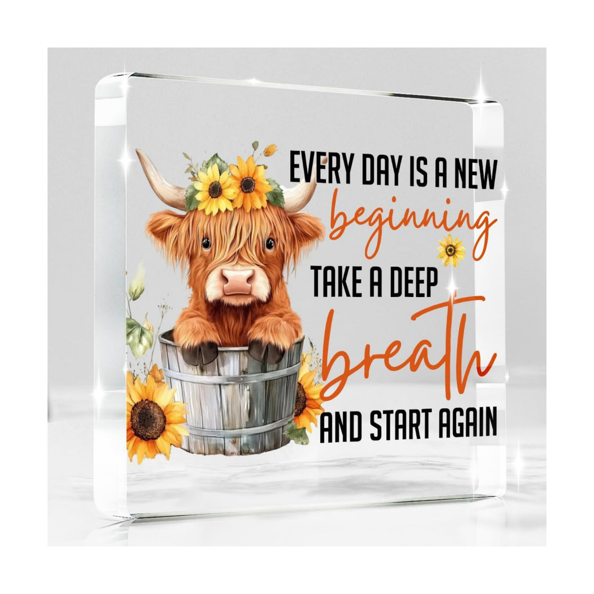 Highland Western Cow Sign Decor, Every Day Is a New Beginning Take a Deep Breath and Start Again Motivational And Inspirational Decorations， Inspirational Gifts for Friends 4x4 Inch