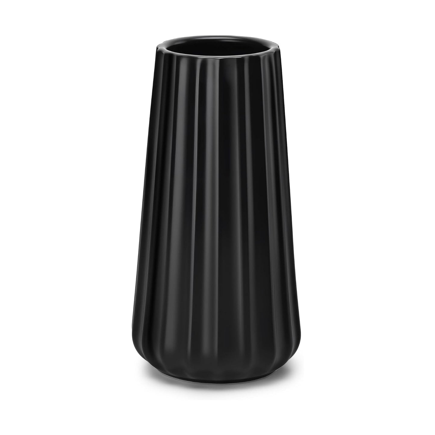 Ceramic Vase / Modern Ribbed Glossy Decorative Vase / Black / 7.8 Inch