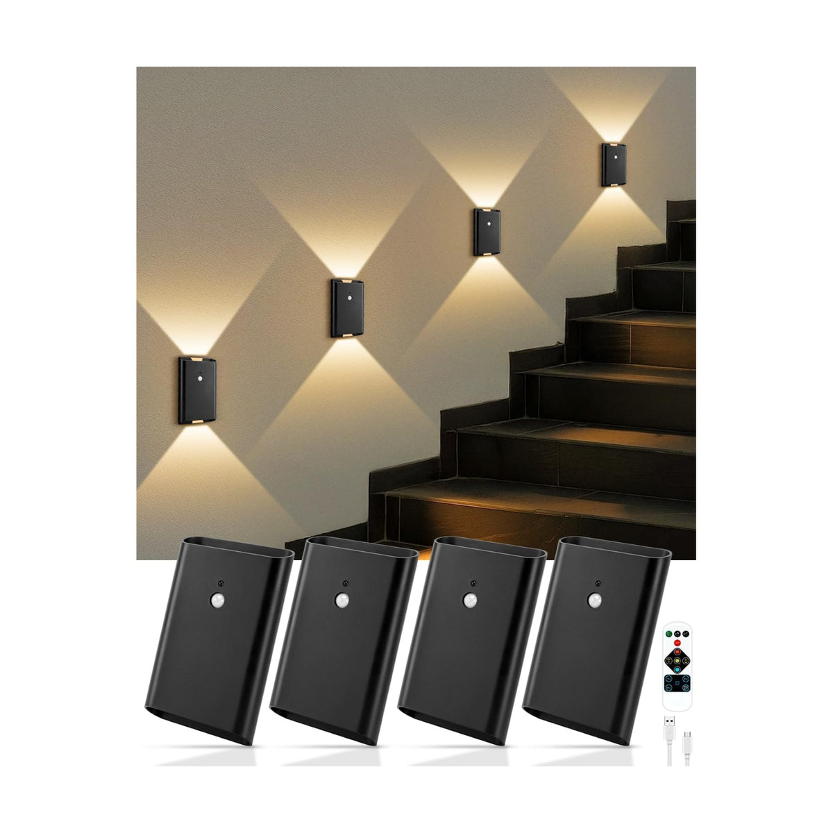 WERFOP 4 Pack Rechargeable Motion Sensor Wall Sconce (Black) | 5000mAh Wireless Battery Operated,3 Colors Up/Down