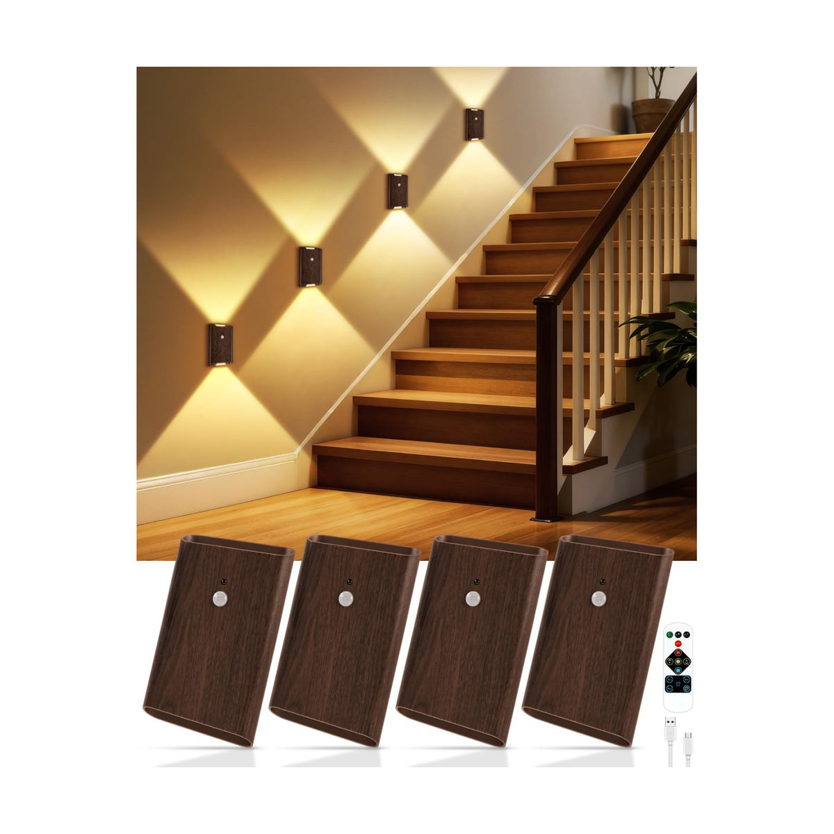 4 Pack Rechargeable Motion Sensor Wall Sconce with Remote Control (Walnut) | 5000mAh Battery Operated Wall Light