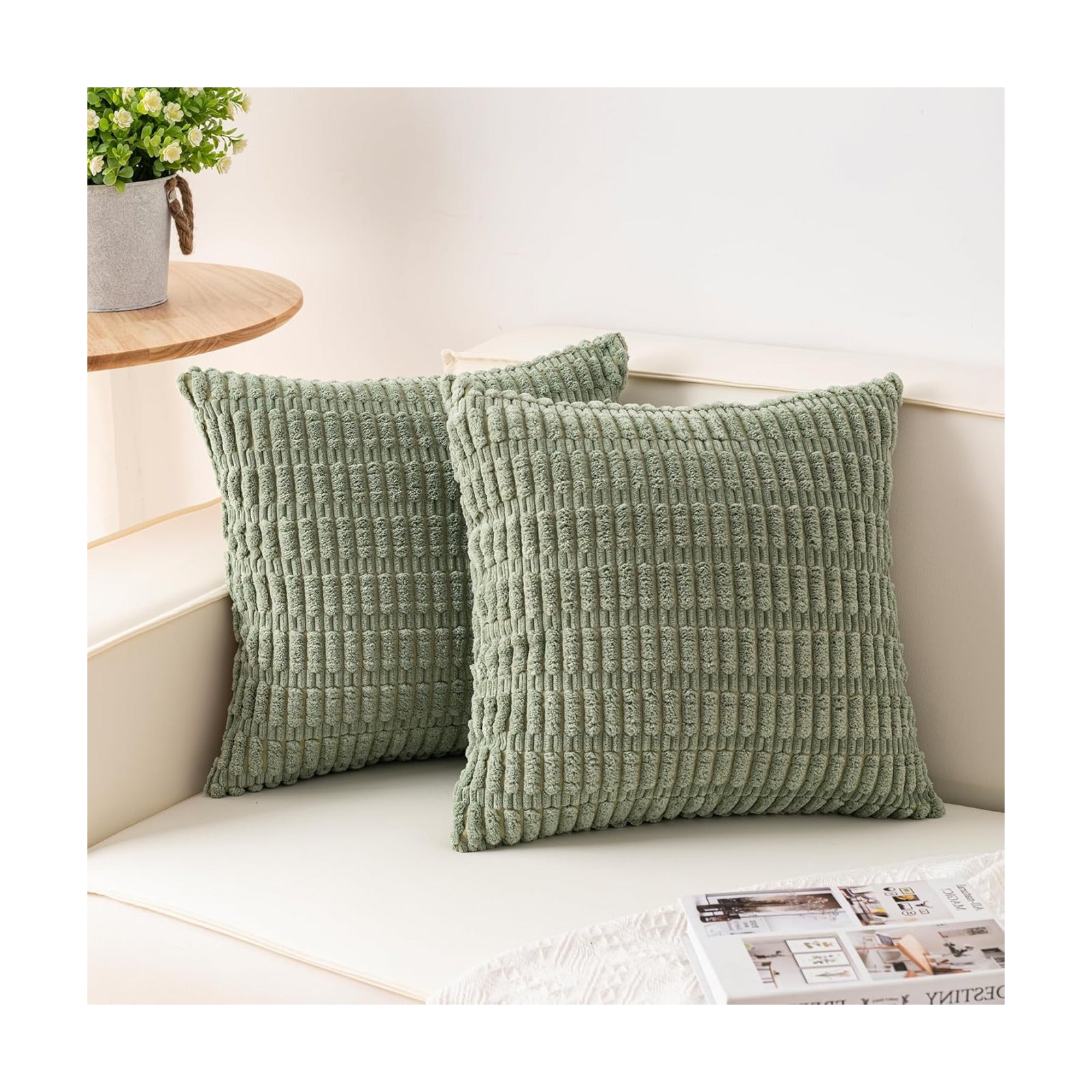 Corduroy Decorative Throw Pillow Covers InchSoft Striped Pillow / Sage Green / 26 x 26 / Set of 2