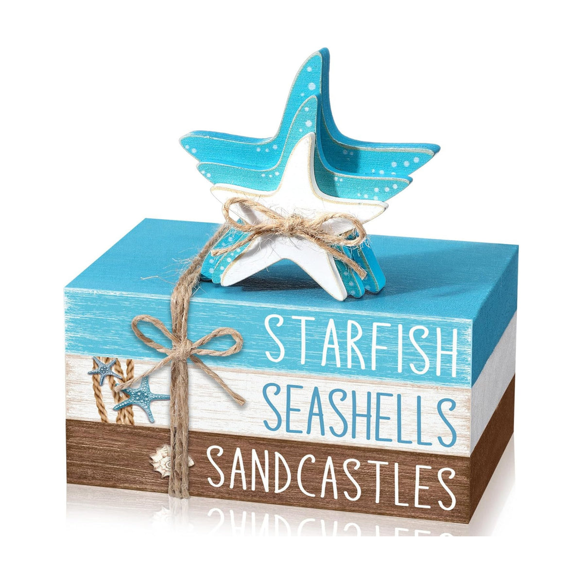Geelin 4 Pcs Summer Beach Tiered Tray Decor Wooden Book Stack Signs, Starfish Seashell Coastal Nautical Table Centerpiece for Shelf Coffee Bar Home Kitchen Beach House Decorations
