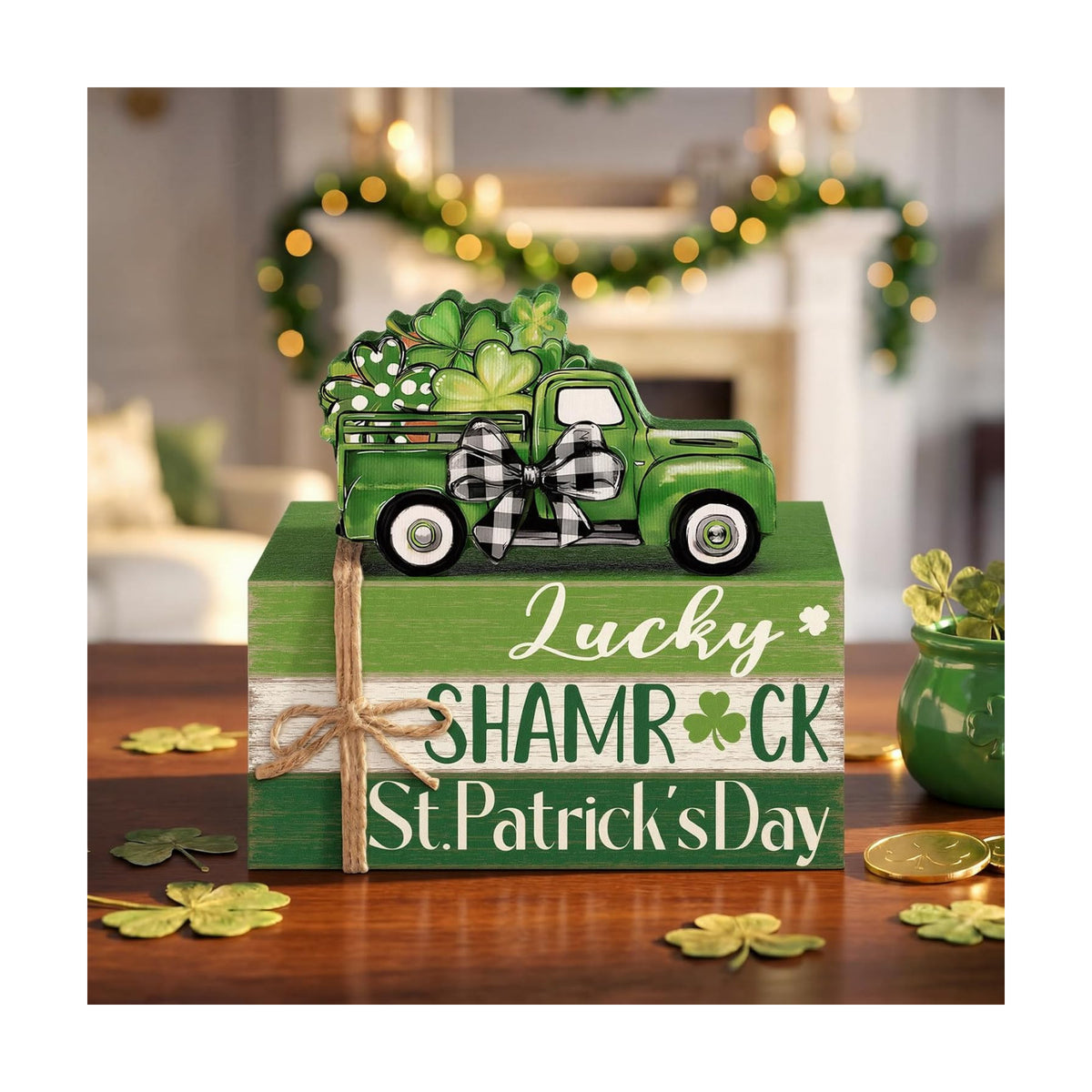 Geelin 4 Pcs St. Patrick's Day Table Decorations Wooden Shamrocks Rustic Tiered Tray Decor with Green Truck, Irish Farmhouse Shelf Centerpiece for Home Kitchen Living Room Holiday Decoration