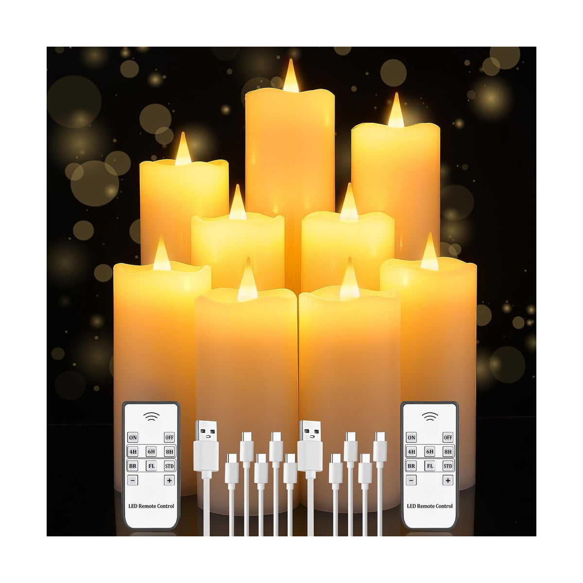 Real Wax Rechargeable LED Flameless Candles with Remote and Timer,USB Flickering White Pillar Candles-9 Pack for Home