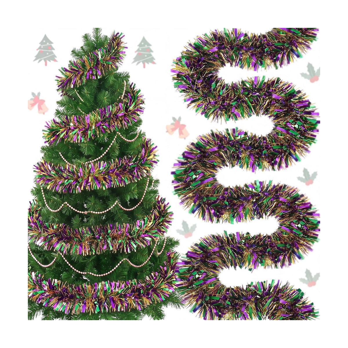 295 Feet Christmas Tinsel Garland, Purple, Green, Gold