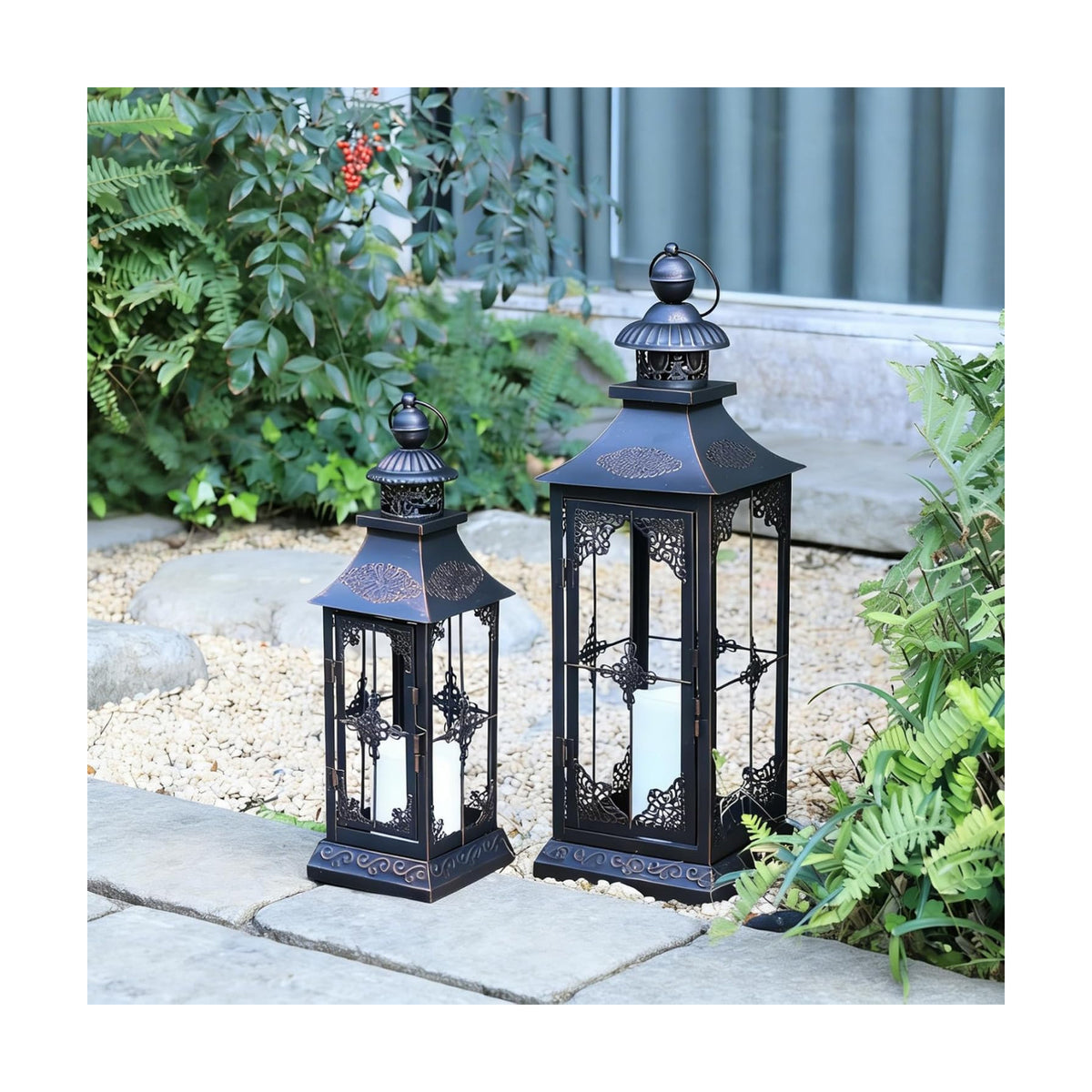 LED Lanterns Decorative Outdoor&Indoor, 23'' 16‘’ Large Black Lanterns with 2 Flameless Candles, Metal Holders for