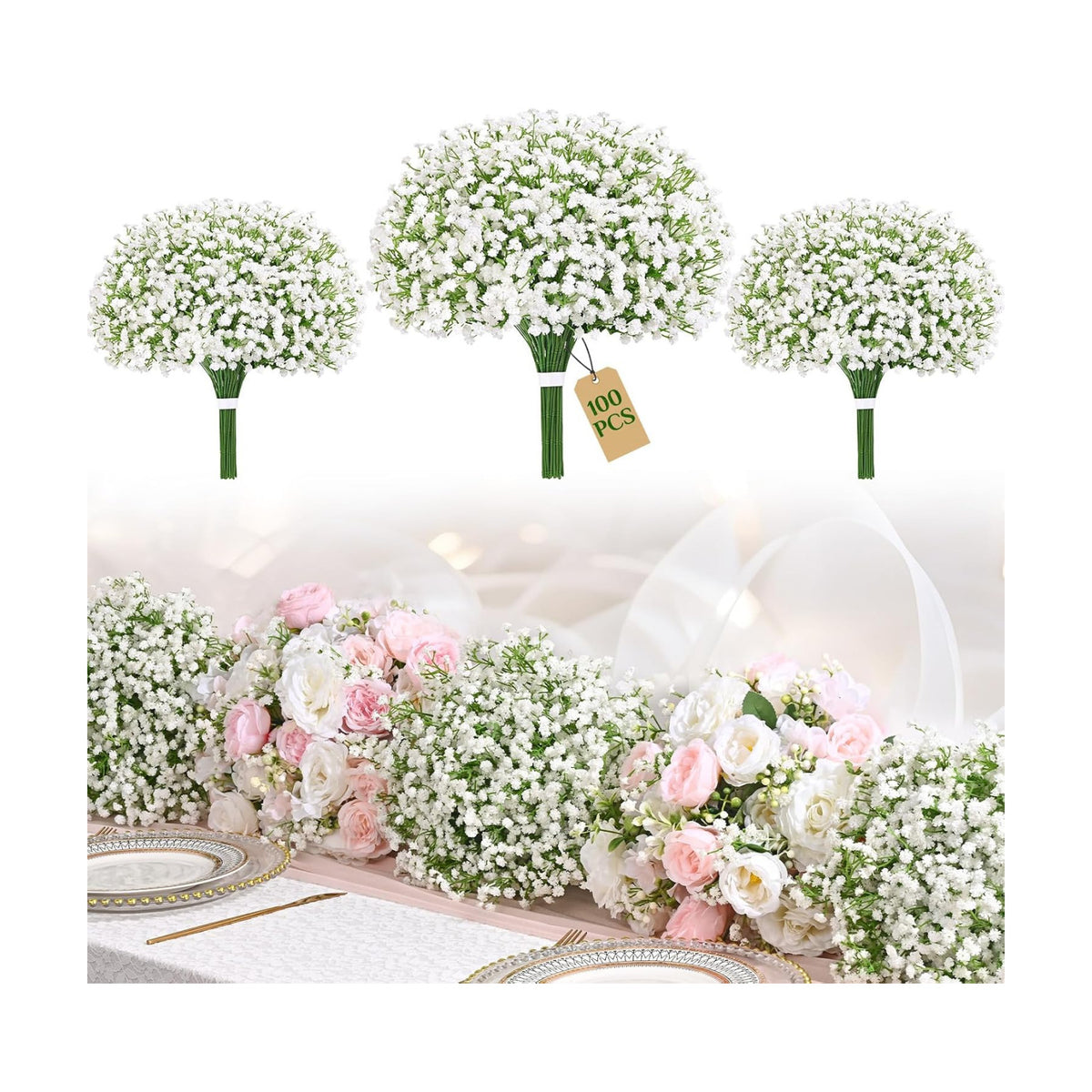 100Pcs Baby Breath Flowers Artificial Bulk, White Babys Breath Fake Flowers