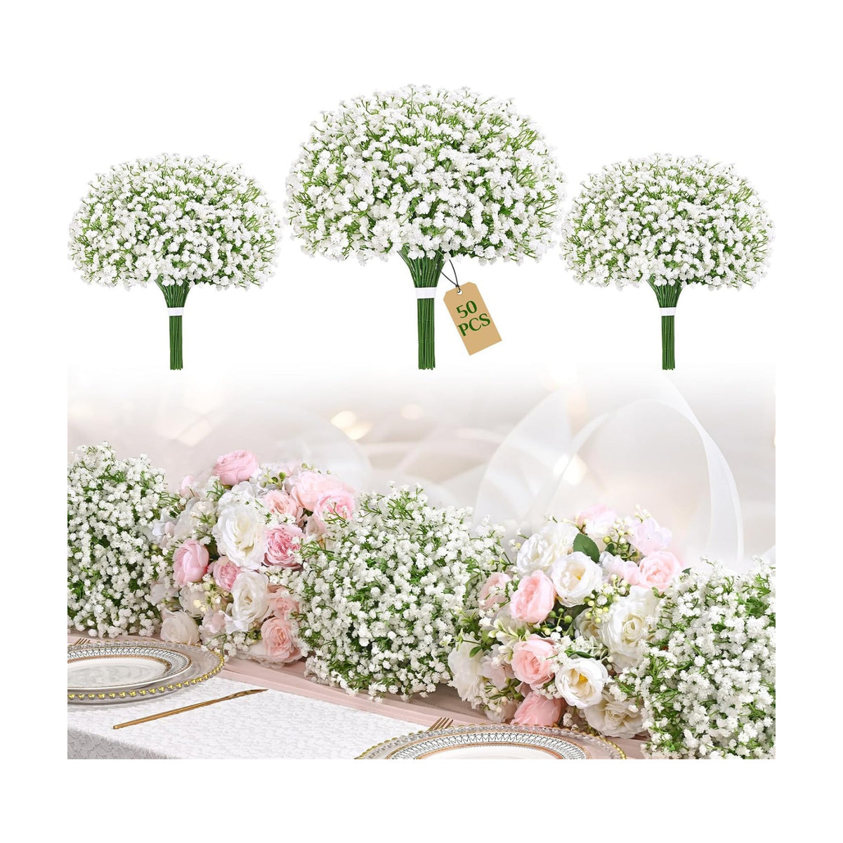 50 Pcs Baby Breath Flowers Artificial Bulk, White Babys Breath Fake Flowers