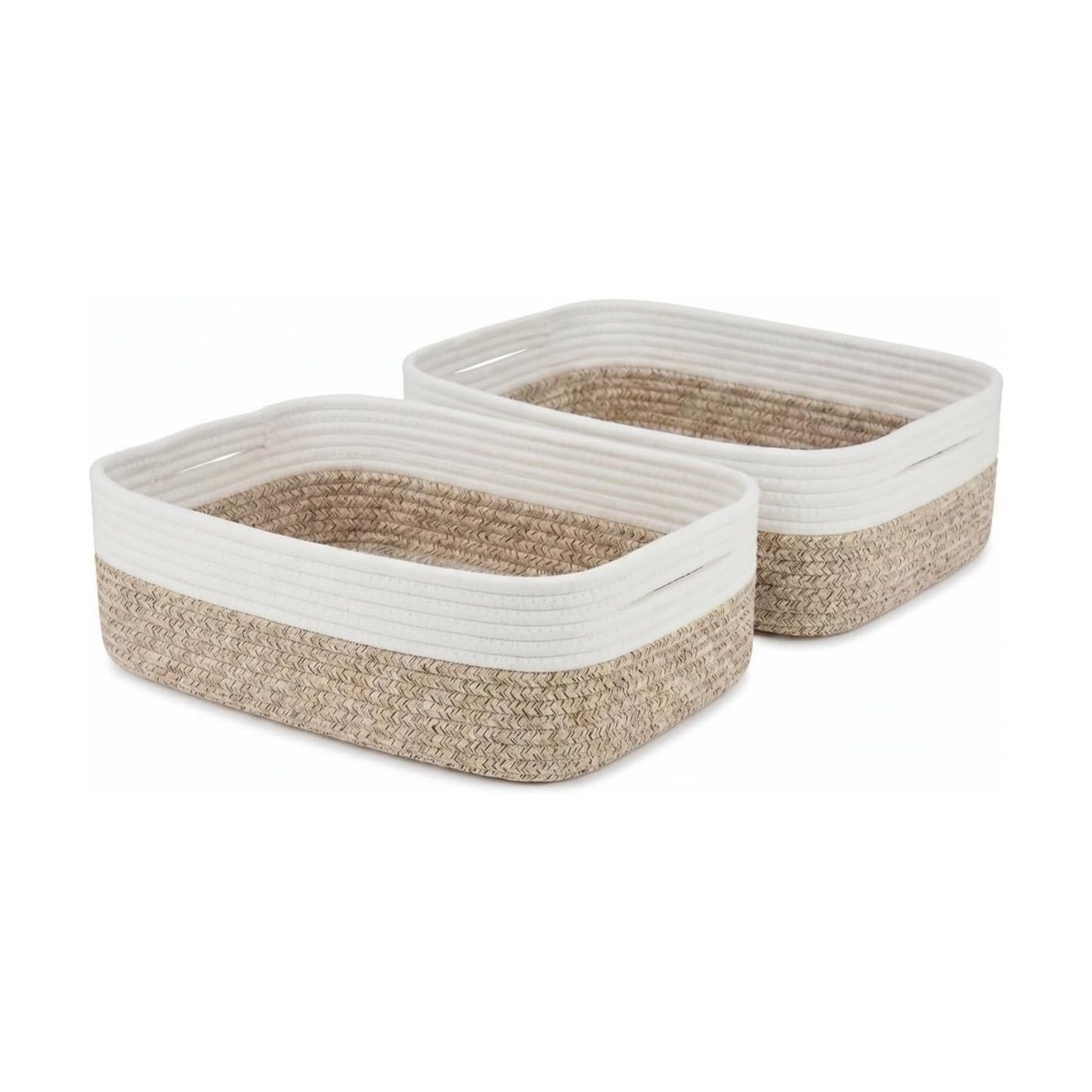 Rope Basket / Large Shallow Basket / White & Mixed Brown / 15 x 11 x 5.1 / Set of 2