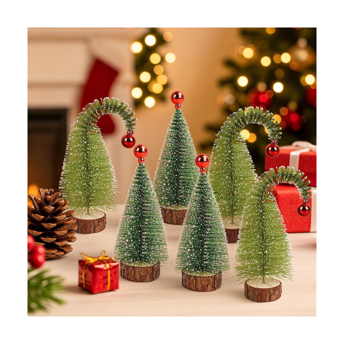 6 Pack 7" Mini Christmas Trees Curved & Straight Bottle Brush Sisal Trees