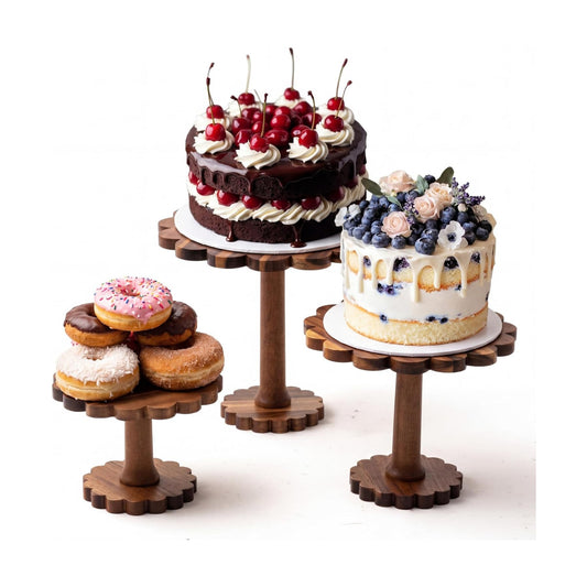 Scalloped Acacia Wood Cake Stand Set / 8 Inch / Set of 3
