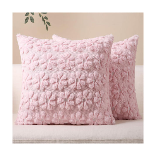 Softalker Spring Decorative Throw Pillow Covers 16 x 16 Inch Set of 2, Farmhouse Summer Floral Daisy Soft Faux Fur Cushion Covers, 3D Pillow Cases for Couch Bedroom Living Sofa Room Home Decor, Pink