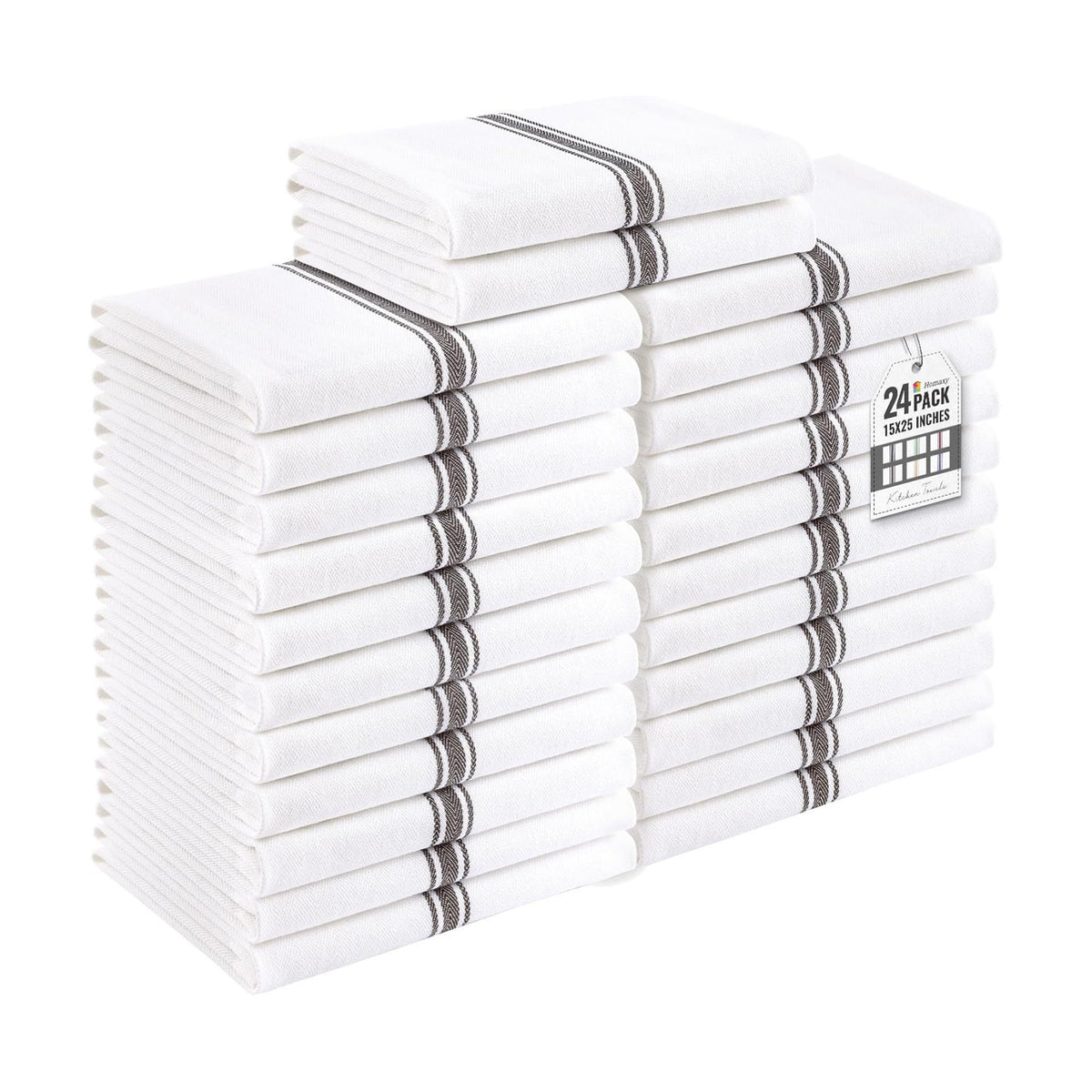 Homaxy 100% Ring Spun Cotton Kitchen Towels 24 Pack, Black Stripe | 15 x 25 Inch, Highly Absorbent Dish Towels for