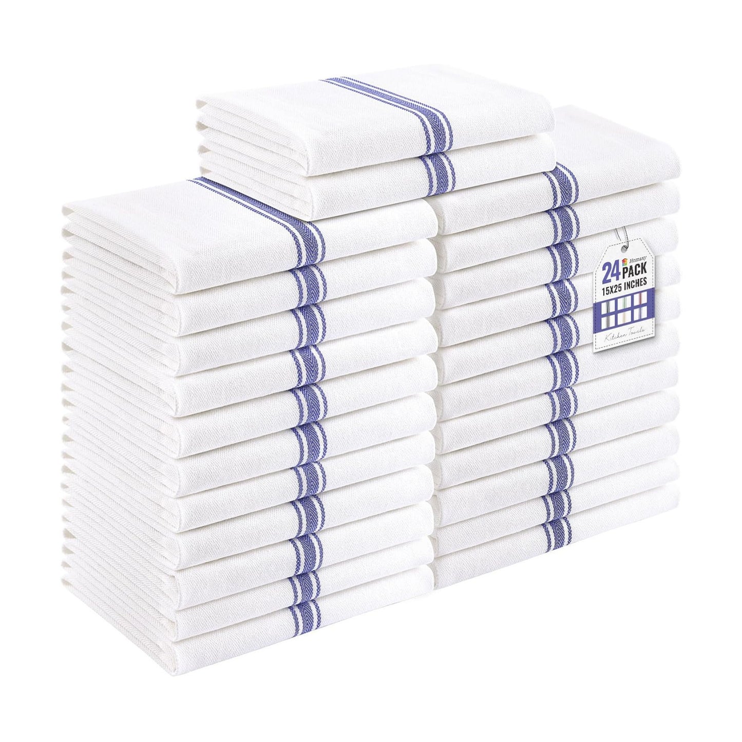 Homaxy 100% Ring Spun Cotton Kitchen Towels 24 Pack, Blue Stripe | 15 x 25 Inch, Highly Absorbent Dish Towels for