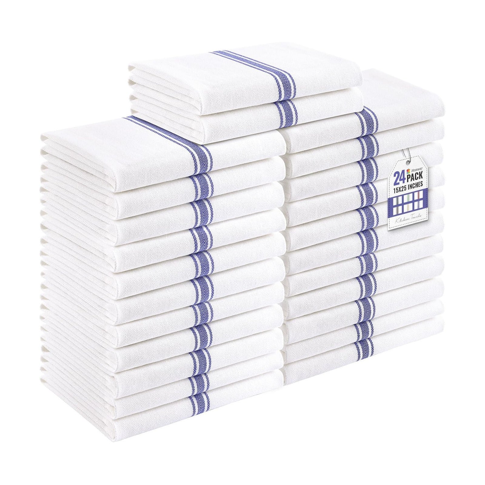 Homaxy 100% Ring Spun Cotton Kitchen Towels 24 Pack, Blue Stripe | 15 x 25 Inch, Highly Absorbent Dish Towels for