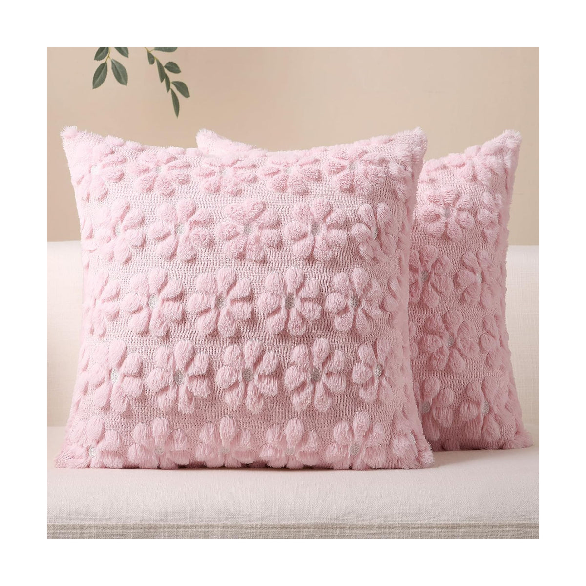 Softalker Spring Decorative Throw Pillow Covers 20 x 20 Inch Set of 2, Farmhouse Summer Floral Daisy Soft Faux Fur Cushion Covers, 3D Pillow Cases for Couch Bedroom Living Sofa Room Home Decor, Pink