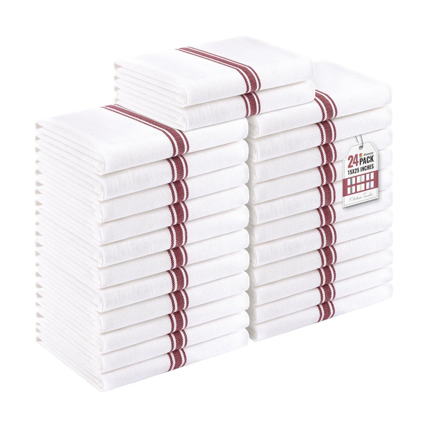 Homaxy 100% Ring Spun Cotton Kitchen Towels 24 Pack, Red Stripe | 15 x 25 Inch, Highly Absorbent Dish Towels for