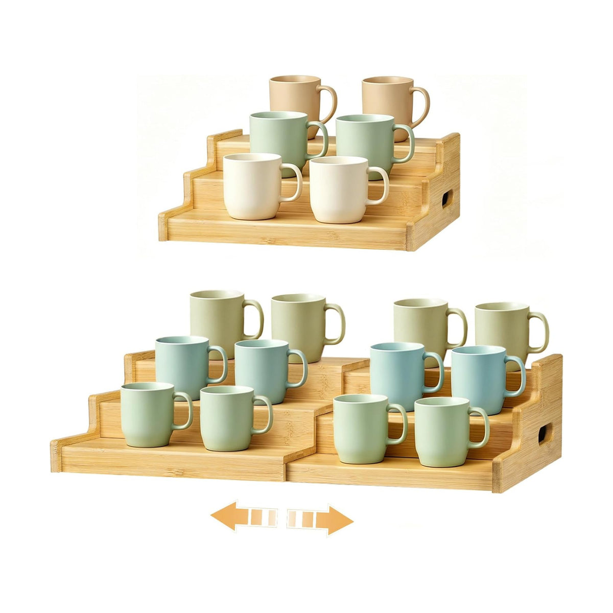 3-Tier Expandable Bamboo Mug Holder for Countertop Coffee Cup Holder Display Mug Organizer Mug Rack for Coffee Bar