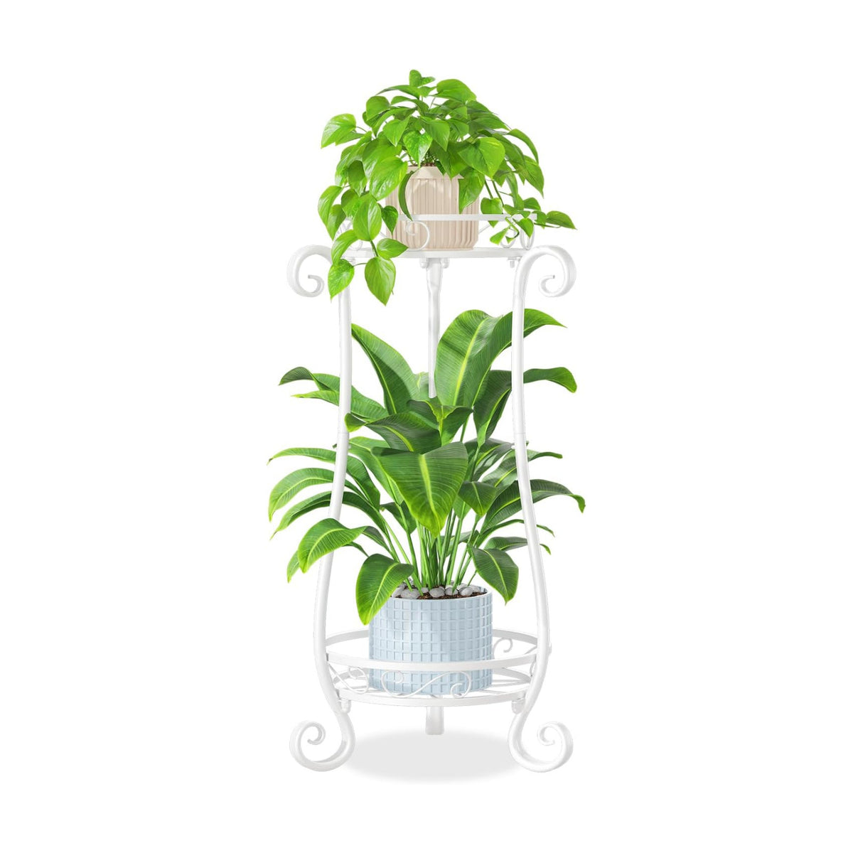 iDavosic.ly 2 Tier Tall Metal Plant Stand Outdoor Indoor, 27 Inch, White | Corner Flower Pot Holder Shelf, Wrought Iron