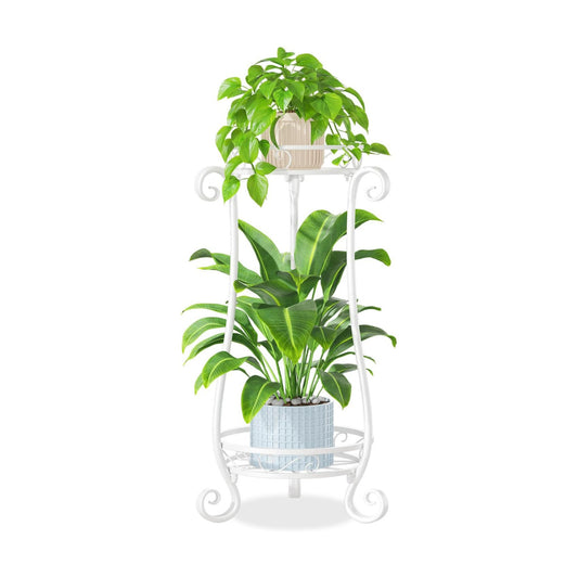 iDavosic.ly 2 Tier Tall Metal Plant Stand Outdoor Indoor, 27 Inch, White | Corner Flower Pot Holder Shelf, Wrought Iron