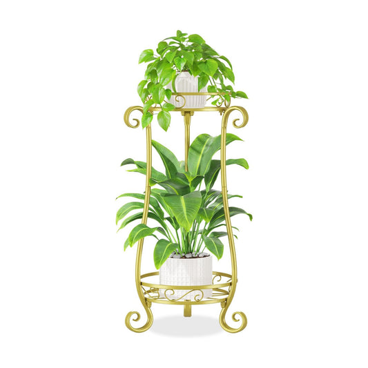 iDavosic.ly 2 Tier Tall Metal Plant Stand Outdoor Indoor, 27 Inch, Gold | Corner Flower Pot Holder Shelf, Wrought Iron