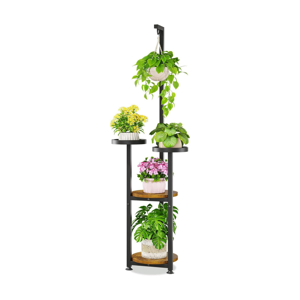 KMOTASUO Black 4 Tier Plant Stand Indoor with Hanging Ring, Tall Large Heavy Duty Metal and Wood Vertical Rack for
