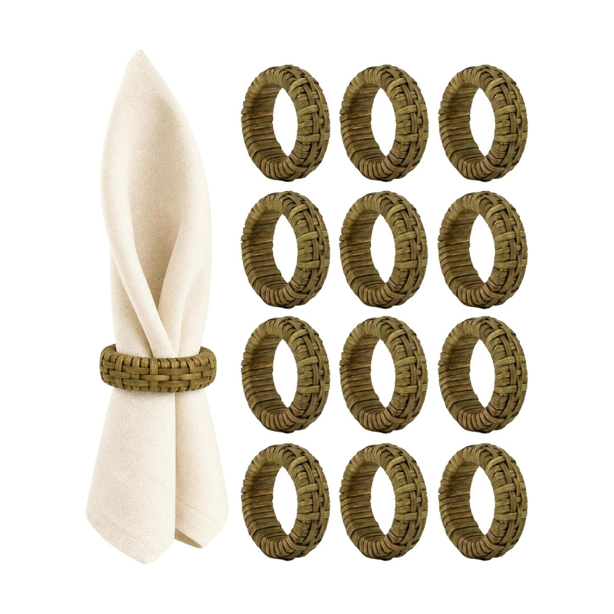 Cane Woven Napkin Rings, Set of 12 - Army Green | Natural cane with plastic core, 2.25x2.25x0.5 in. each, boho