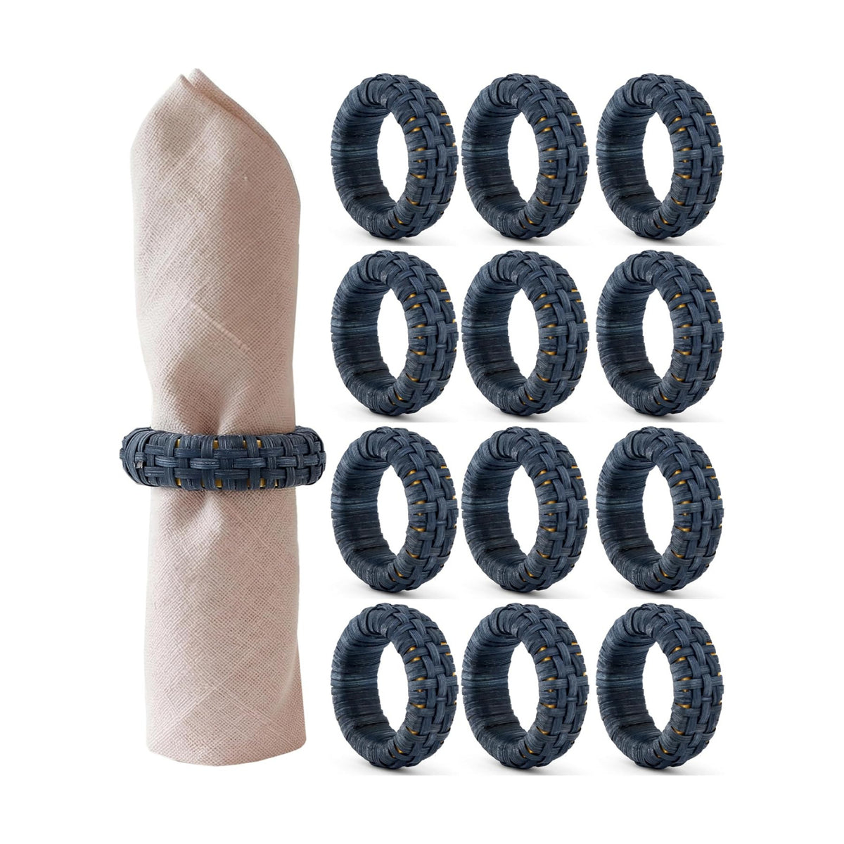Cane Woven Napkin Rings, Navy Blue, 12-Pack | Natural cane, durable plastic core, 2.25x2.25x0.5 in, bohemian coastal