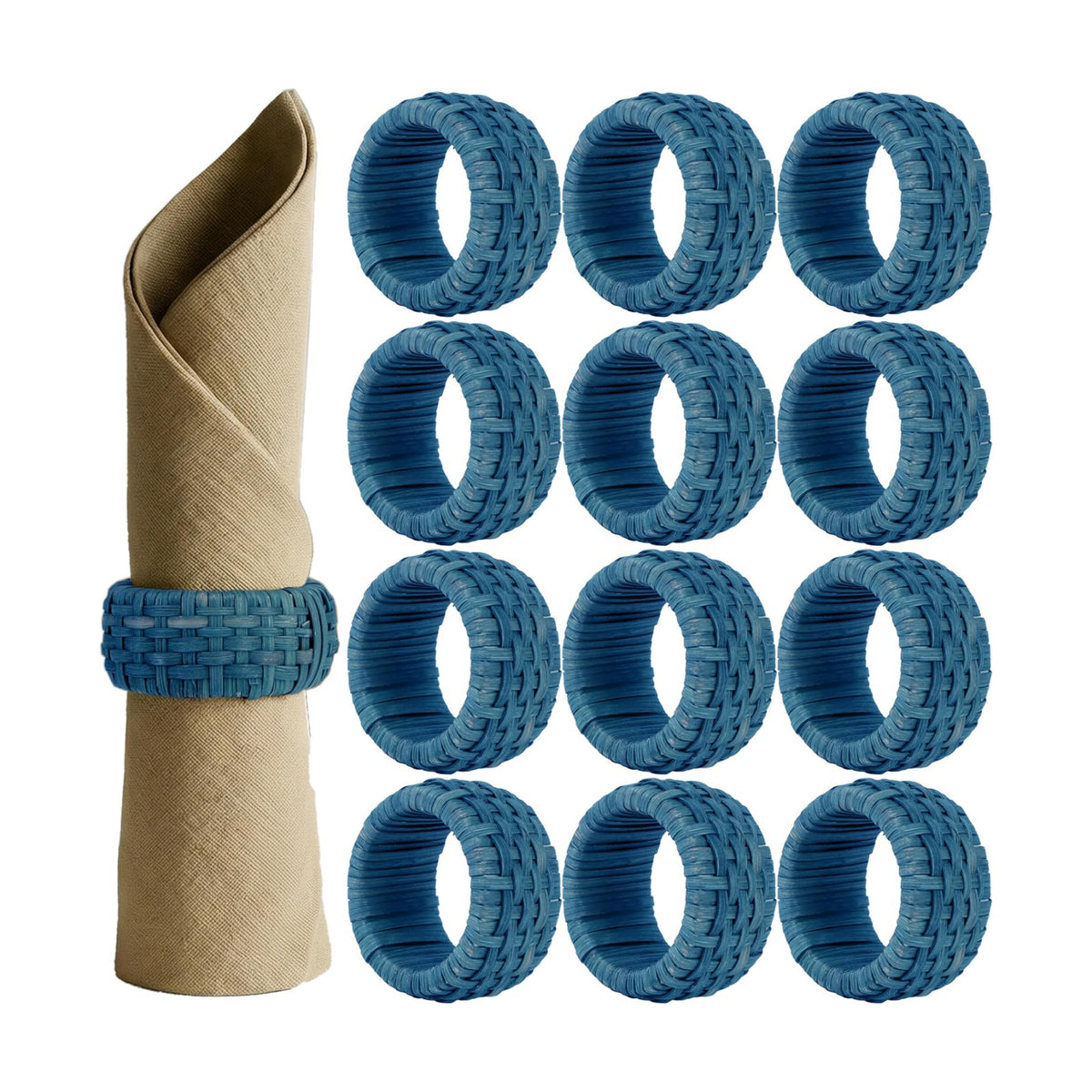 Artisan Cane Napkin Rings Set of 12, Earthy Woven Dinner Napkin Holders, Natural Bohemian Farmhouse Table Accessory for