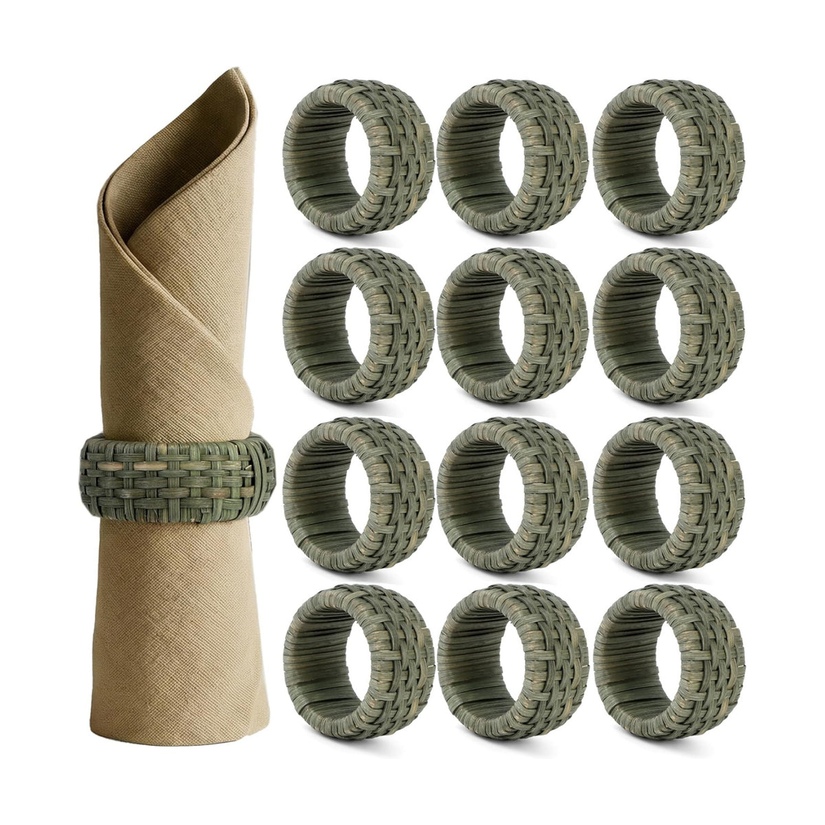 Artisan Cane Napkin Rings Set of 12, Earthy Woven Dinner Napkin Holders, Natural Bohemian Farmhouse Table Accessory for