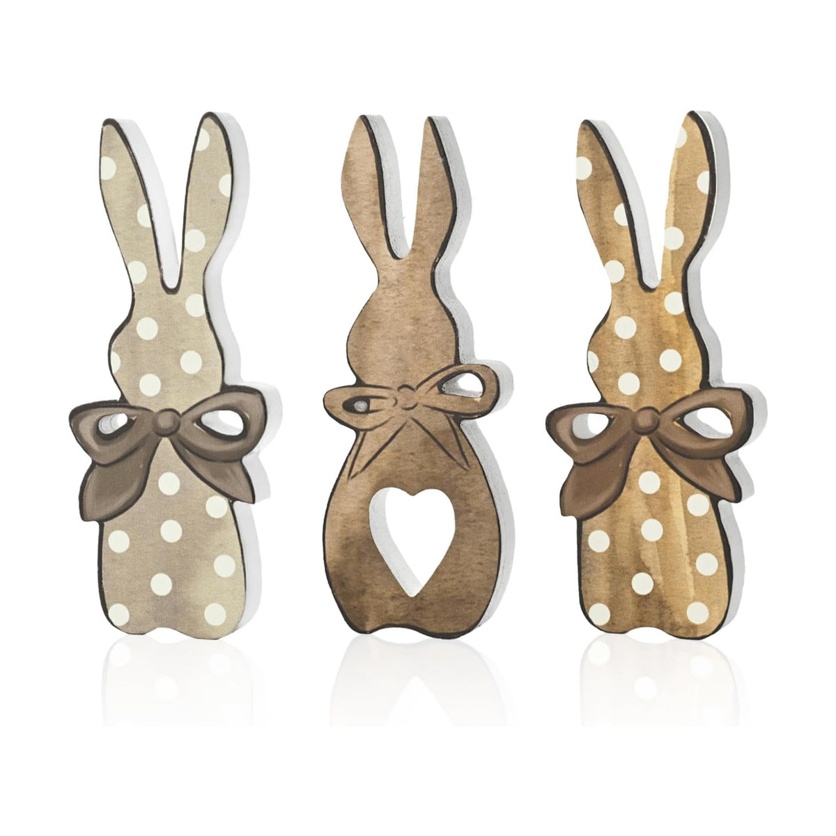 Wooden Easter Bunny Block Decor Set - 3-Piece Rustic Polka Dot Bunny with Bow Design, Farmhouse Style Tabletop Shelf Accents for Spring Holiday Home Decoration