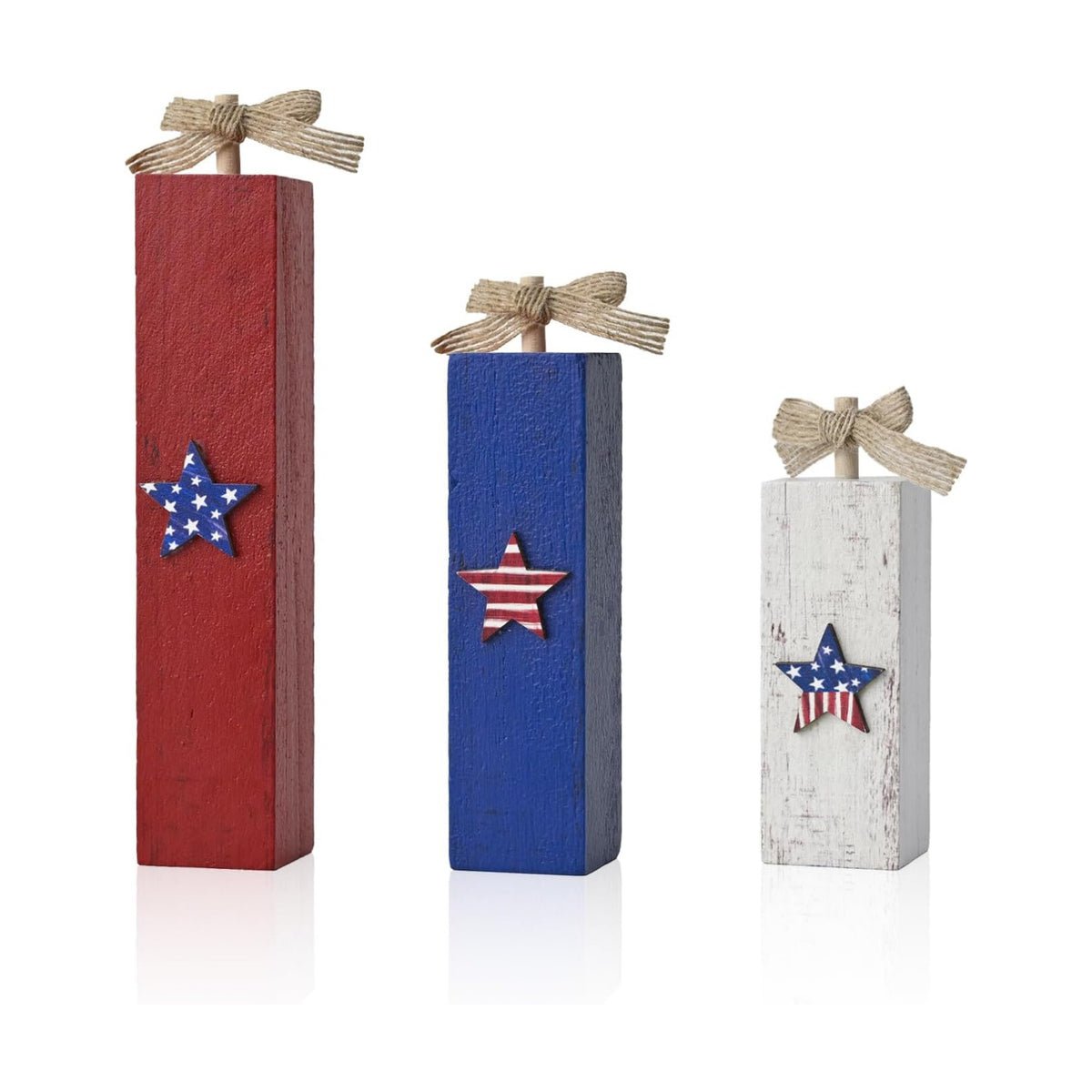 Smile Wooden Patriotic Star Decor Blocks - 3-Piece Red, White, Blue Distressed Design, Tabletop Shelf Accents for 4th of July & American Holiday Decoration