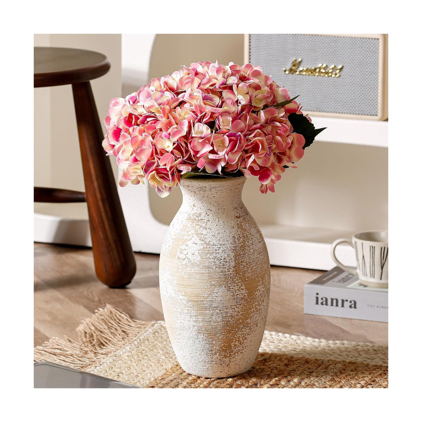 Ceramic Vase / Farmhouse Rustic Pottery Vases / Apricot / White / 11 Inch