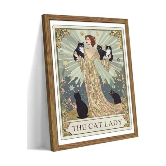 Framed Black Cat Wall Art, Vintage The Cat Lady Tarot Canvas Wall Decor Paintings, Funny Cute Woman Animal Poster