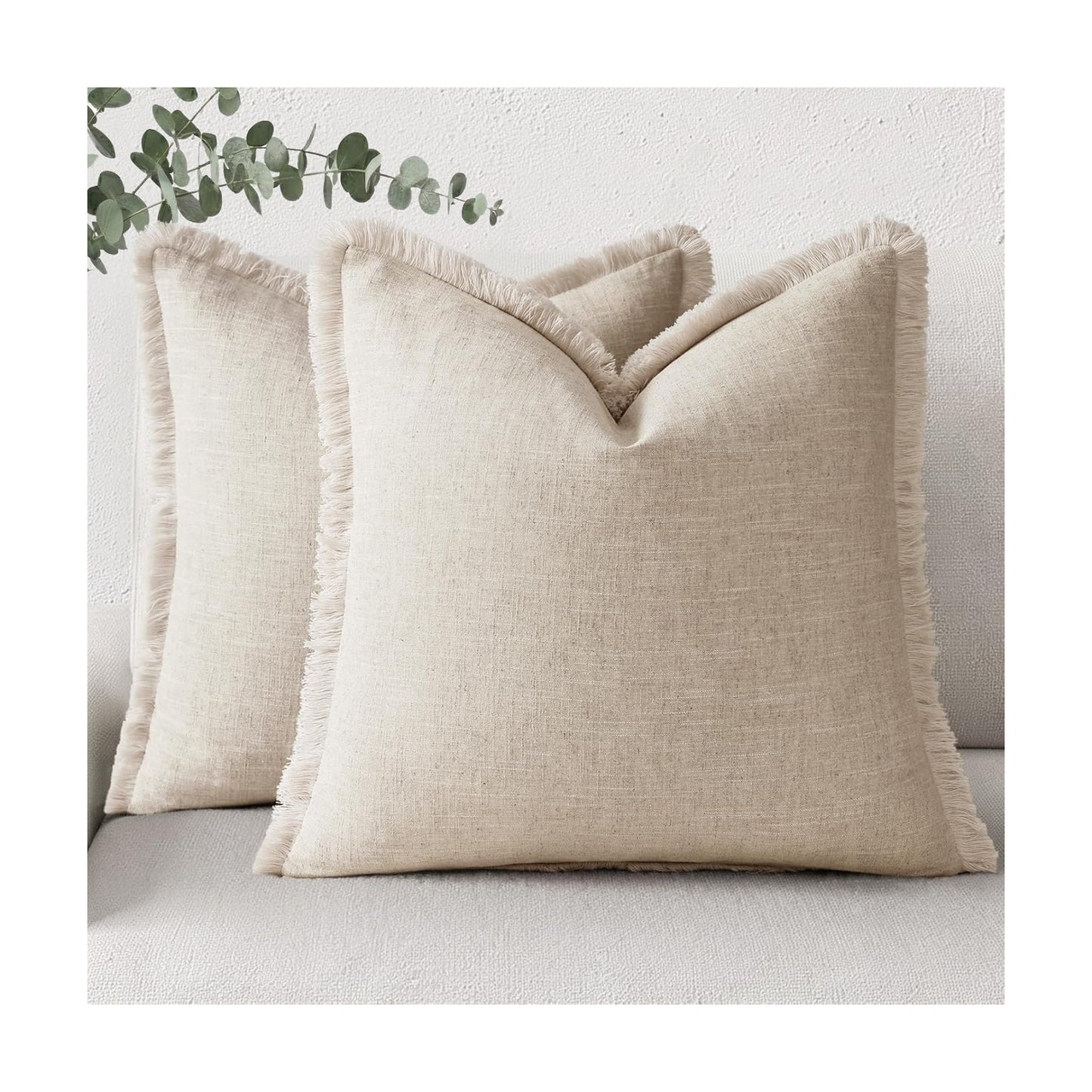 Summer Decorative Neutral Linen Fringe Throw Pillow Covers / Natural Beige / 18 x 18 / Set of 2