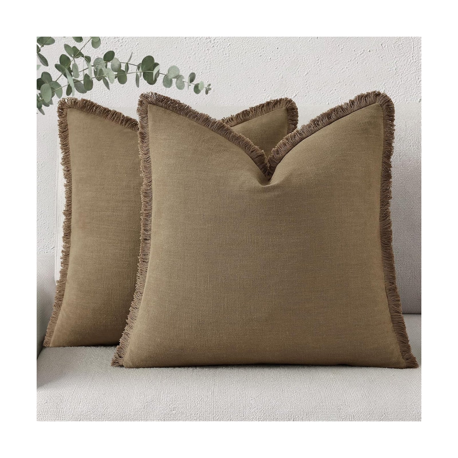 Summer Decorative Neutral Linen Fringe Throw Pillow Covers Pillow / Light Brown / 18 x 18 / Set of 2