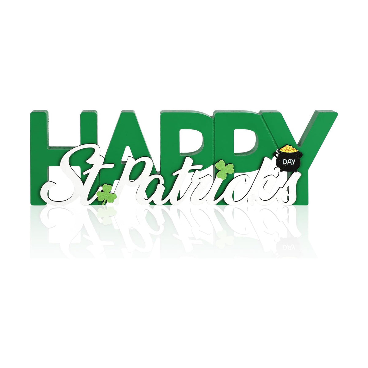 COCHIE Wooden Happy St. Patrick's Day Sign, Green Saint Patrick Decorations for Home, Office, Shelf, Mantel, Indoor, Wood Shamrock Decor, Lucky Pot of Gold Table Top Party Decoration (Green)