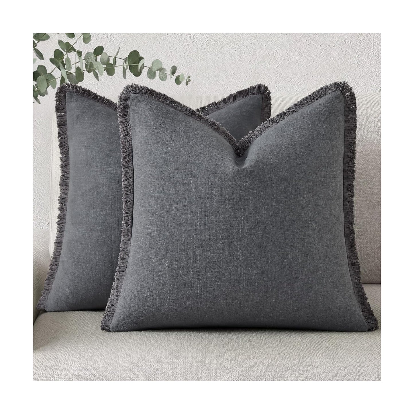 Summer Decorative Neutral Linen Fringe Throw Pillow Covers Pillow / Dark Grey / 18 x 18 / Set of 2