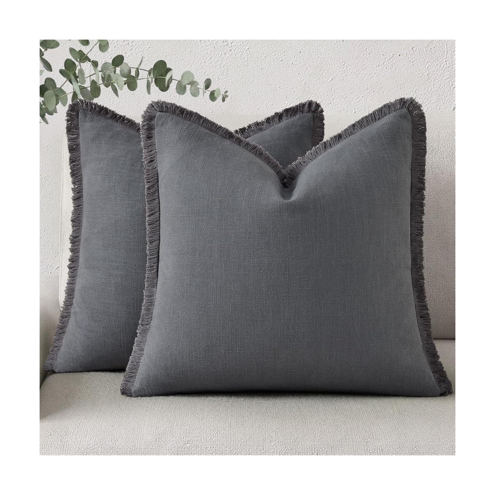 Summer Decorative Neutral Linen Fringe Throw Pillow Covers Pillow / Dark Grey / 18 x 18 / Set of 2
