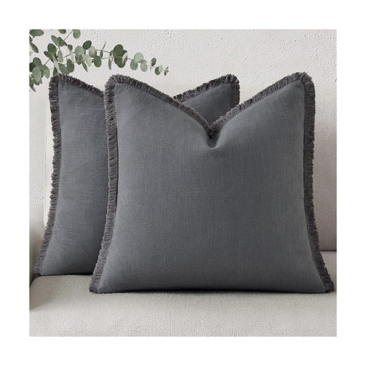 Summer Decorative Neutral Linen Fringe Throw Pillow Covers Pillow / Dark Grey / 18 x 18 / Set of 2