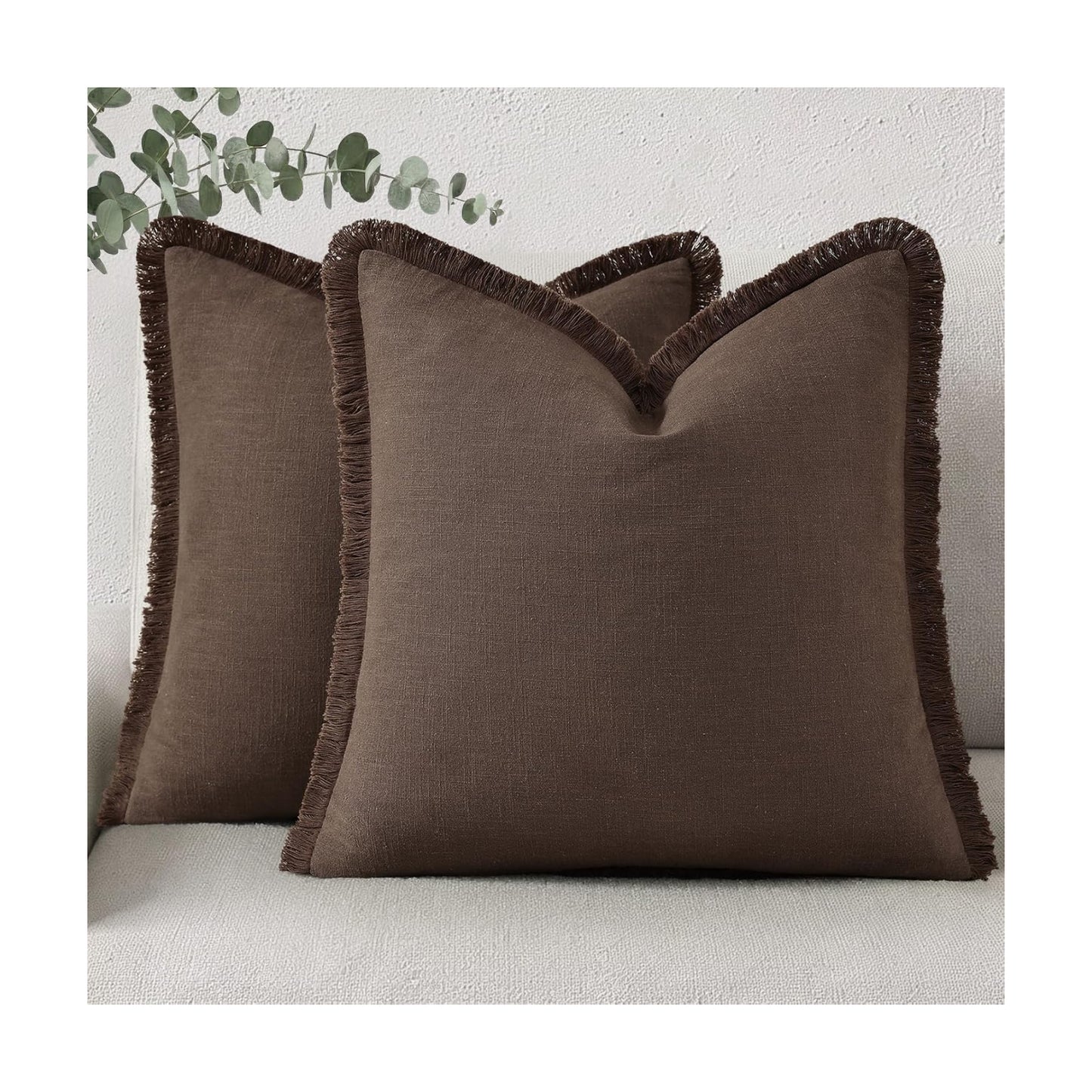 Summer Decorative Neutral Linen Fringe Throw Pillow Covers Pillow / Chocolate / 18 x 18 / Set of 2